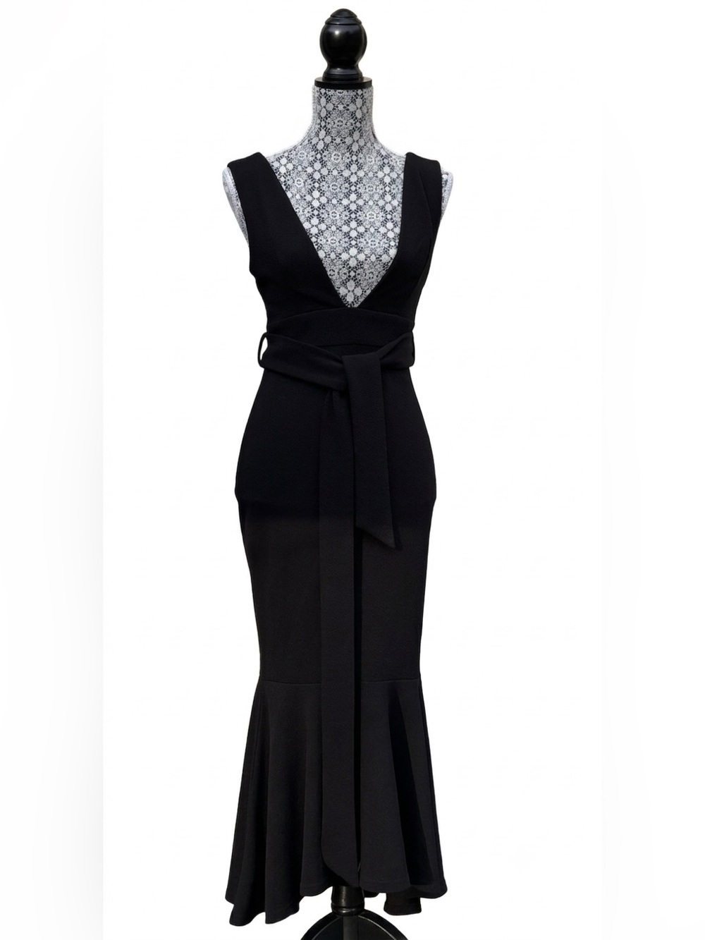 Elegant Black V-Neck Women’s Dress with Waist Tie